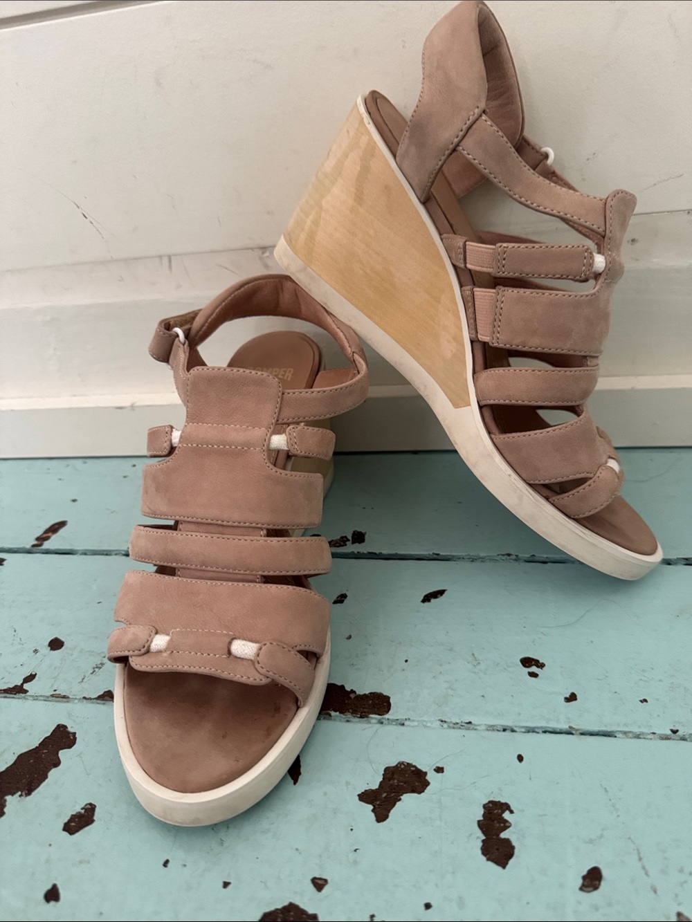Camper Size EU 37 Limi Nubuck Leather Strappy Sandal Beechwood Wedge Heel